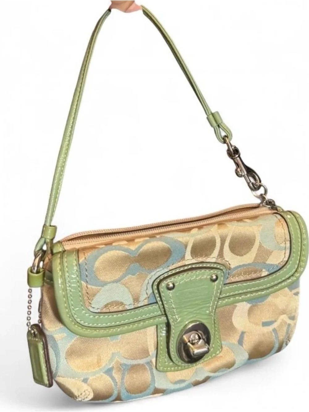 rare vintage coach legacy signature jacquard turnlock flap wristlet 💫🩵💚 - Picture 2 of 8